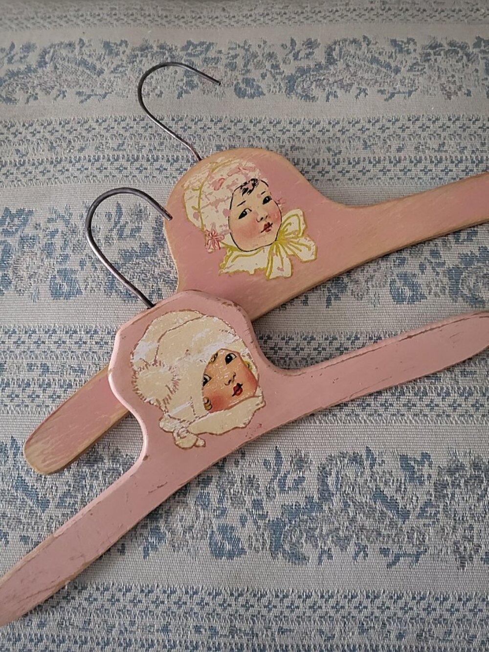 Antique 1930s Shabby Chic Wooden Baby Hangers Pink Hand Painted Set